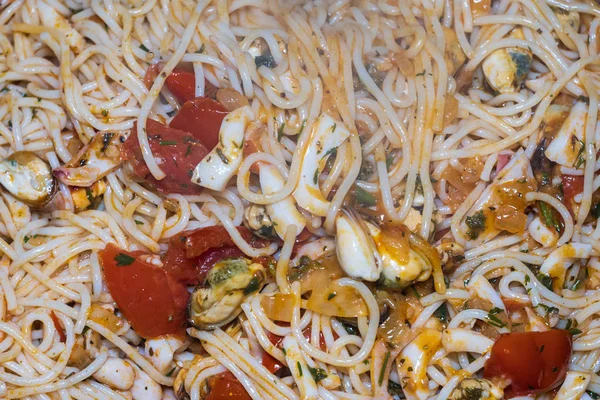 Spaghetti with seafood closeup