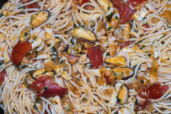 Spaghetti with seafood closeup