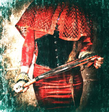 elinde bir kırbaç ile kırmızı kadın