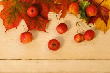 ahşap bir masa üzerinde akçaağaç yaprakları ve kırmızı elma