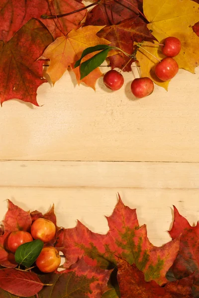 나무 테이블에 단풍 잎과 붉은 사과 — 스톡 사진