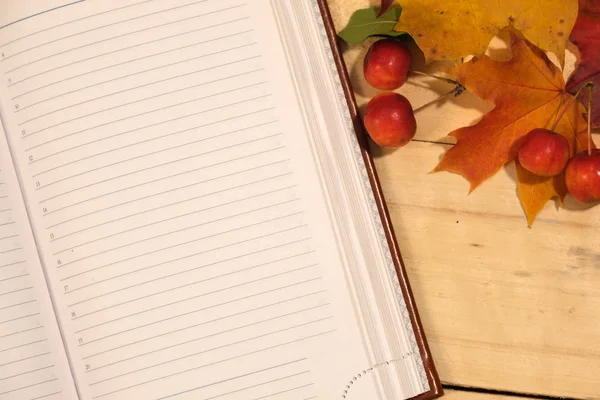 Dagboek, esdoorn bladeren en appels op een houten tafel — Stockfoto