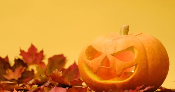 Calabaza de halloween tallada en un amarillo — Vídeos de Stock