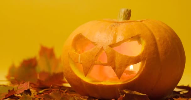 Calabaza de halloween tallada en un amarillo — Vídeo de stock