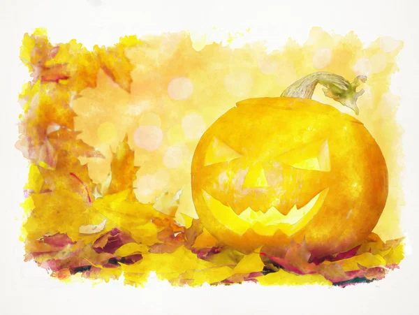 Abóbora halloween esculpida com folhas de bordo e bokeh — Fotografia de Stock