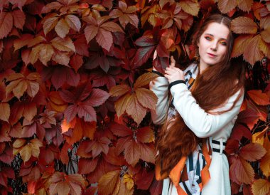 kırmızı yaprakları o yakın uzun kırmızı saçlı ve parlak makyaj ile kadın