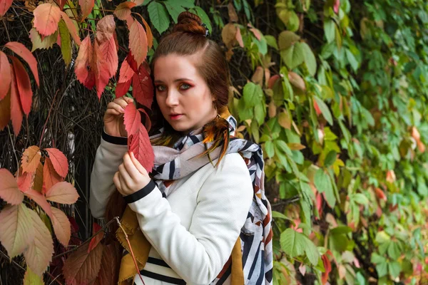 Donna con i capelli rossi e trucco luminoso vicino alle foglie autunnali di — Foto Stock