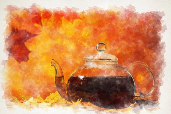 Teapot on a table with autumn leaves on a yellow background with — Stock Photo, Image