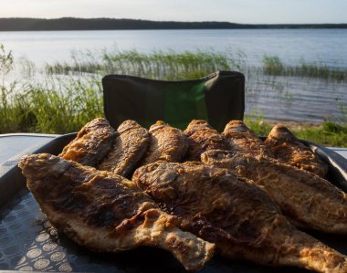 Masada, bir lak 'ın önünde güzel kızarmış balık.