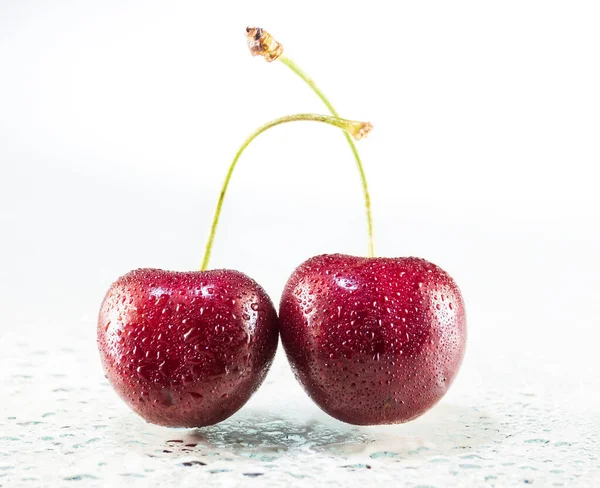 Two Ripe Juicy Cherries Drops Water White Background — Stock Photo, Image