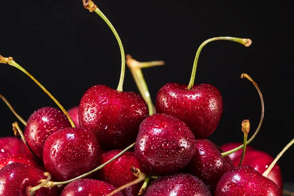 Ripe Juicy Cherry Berries Drops Water Black Background — Stock Photo, Image