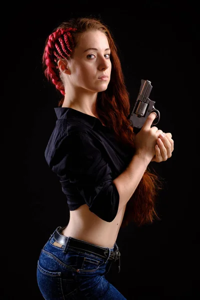 Beautiful Woman Long Red Hair Revolver Hands Black — Stock Photo, Image