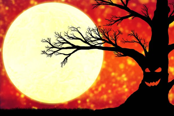 Silhouette Old Big Black Tree Grimace Trunk Background Orange Sky — Stock Photo, Image