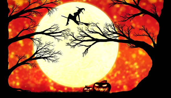 在有月亮和女巫飞翔的橙色天空背景下的一棵老的黑色大树的轮廓 — 图库照片
