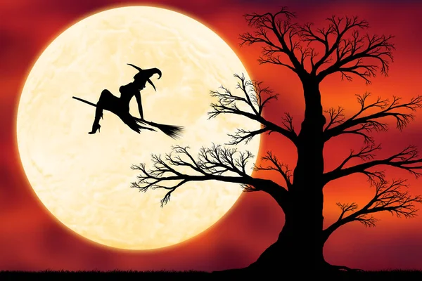 silhouette of an old big black tree on the background of an orange sky with a moon and a flying witc
