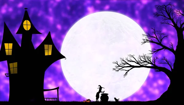 silhouette of a witch near the cauldron in the courtyard of the house at night against the background of a large beautiful moon