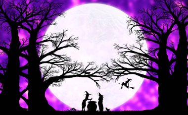 Cadıların siluetleri büyük ayın arka planında, sonbahar ormanlarında kazanın yanında.