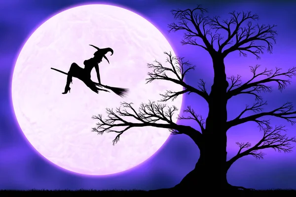 Силуэт Старого Черного Дерева Фоне Ночного Неба Луной Летающим Ведьмой — стоковое фото