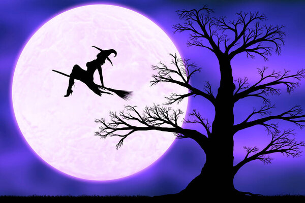 Silhouette of an old black tree against the background of an night sky with a moon and a flying witc