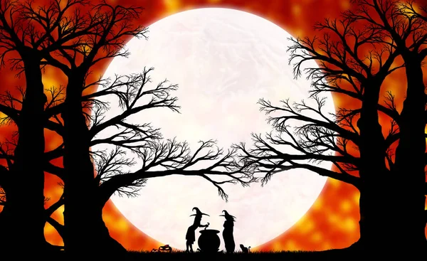 Silhouettes Witches Cauldron Evening Autumn Forest Background Big Moon — Stock Photo, Image