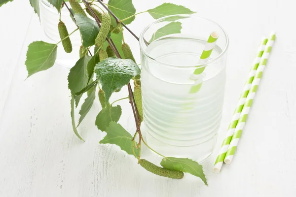 Glass Fresh Birch Juice Water Drops Birch Branch — Stock Photo, Image