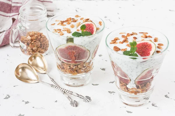Chia Seeds Pudding Parfait Yogurt Figs Oatmeal Granola Mint Glass — Stock Photo, Image