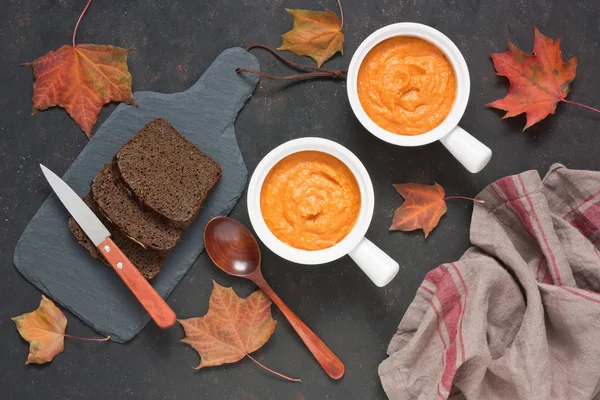 Squash Zucchini Carrot Pumpkin Paste Puree Rye Bread White Bowl — Stock Photo, Image