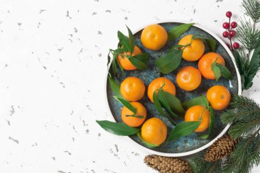 Mavi Plaka, çam dalları ve çam kozalakları tebrik kartı için beyaz taş zemin üzerine taze mandalina ile Noel kompozisyon 