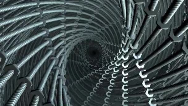 Uvnitř nekonečného tunelu šroubových matic — Stock video