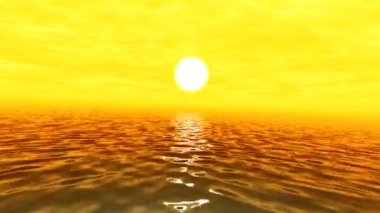 Okyanus yüzeyinde yükselen gün batımına doğru uçuyor.