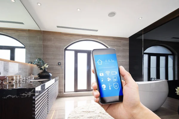 Mobile Phone Smart Home App Modern Bathroom — Stock Photo, Image