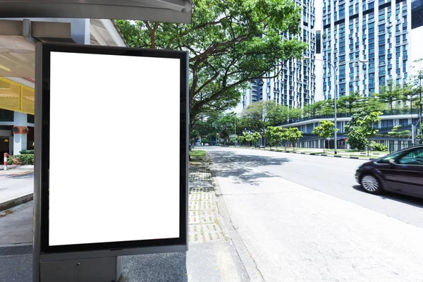 Bus Station Billboard Blank White Isolated Clipping Path Outdoors Blue — Stock Photo, Image