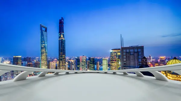 Panorama Van Wolkenkrabbers Een Moderne Stad Schemering — Stockfoto