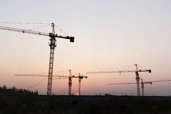 Industriella Kranar Med Solnedgång Byggnadsplatsen — Stockfoto