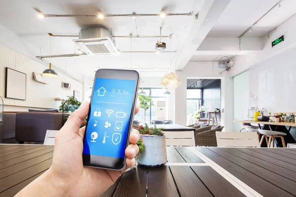 Mobile Phone Smart Home App Modern Living Room — Stock Photo, Image