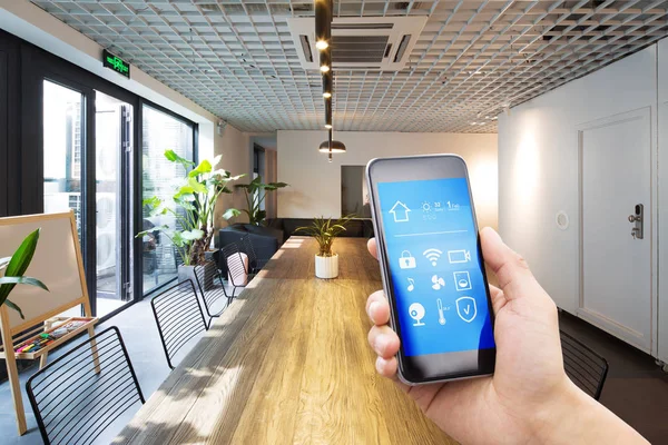 Mobile Phone Smart Home App Modern Living Room — Stock Photo, Image