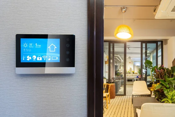 smart home app in control panel in modern restaurant