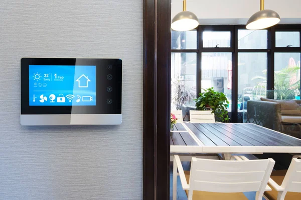 smart home app in control panel in modern restaurant