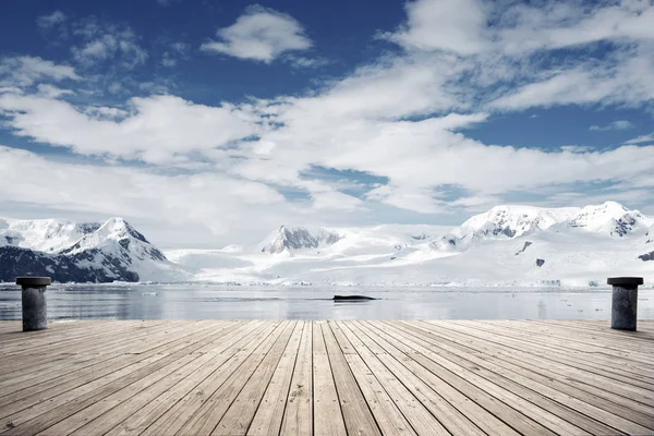 Suelo Ladrillo Vacío Con Montañas Nieve Como Fondo —  Fotos de Stock