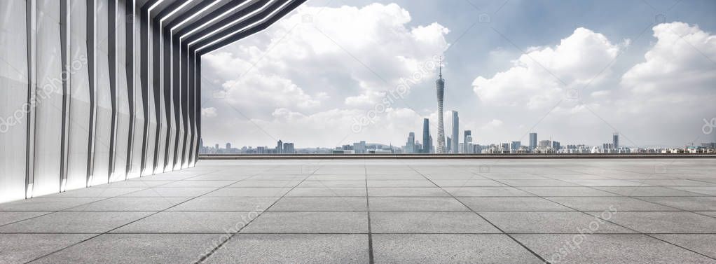 modern building and empty floor with skyline