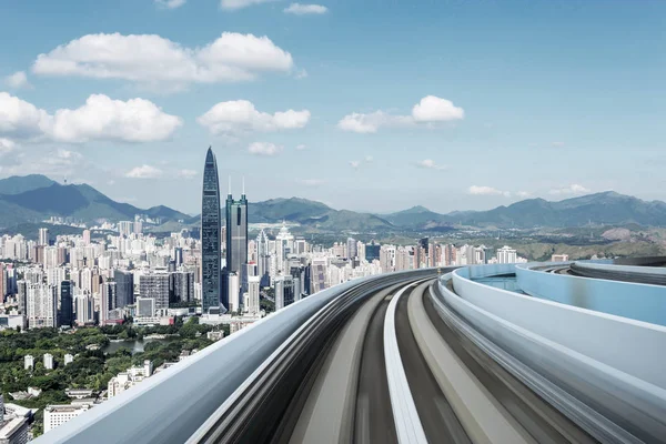 skyscrapers of a modern city with overlooking perspective under blue sky