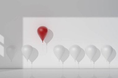 Kalabalık ve farklı kavram, diğer beyaz balonlar uzak uçan bir kırmızı balon öne. 3D render.