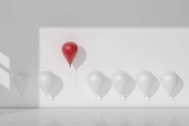 Kalabalık ve farklı kavram, diğer beyaz balonlar uzak uçan bir kırmızı balon öne. 3D render.