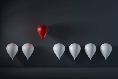 Kalabalık ve farklı kavram, diğer beyaz balonlar uzak uçan bir kırmızı balon öne. 3D render.