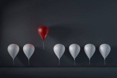 Kalabalık ve farklı kavram, diğer beyaz balonlar uzak uçan bir kırmızı balon öne. 3D render.