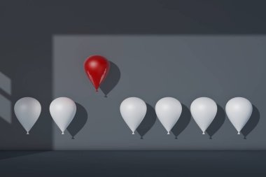 Kalabalık ve farklı kavram, diğer beyaz balonlar uzak uçan bir kırmızı balon öne. 3D render.