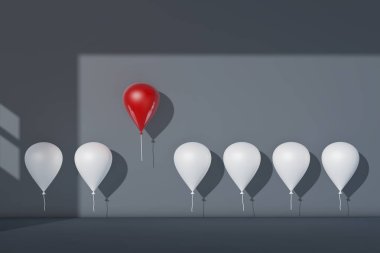 Kalabalık ve farklı kavram, diğer beyaz balonlar uzak uçan bir kırmızı balon öne. 3D render.