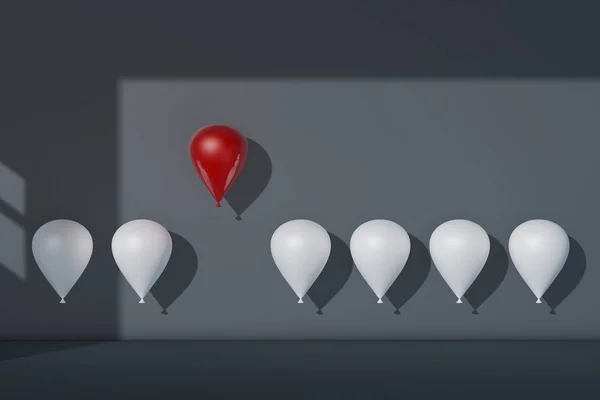 Kalabalık Farklı Kavram Diğer Beyaz Balonlar Uzak Uçan Bir Kırmızı — Stok fotoğraf