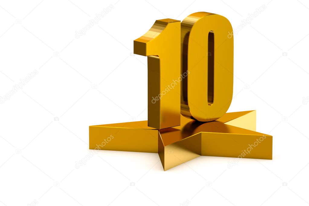 3D golden number 10 on star podium, 3D rendering isolated on white background