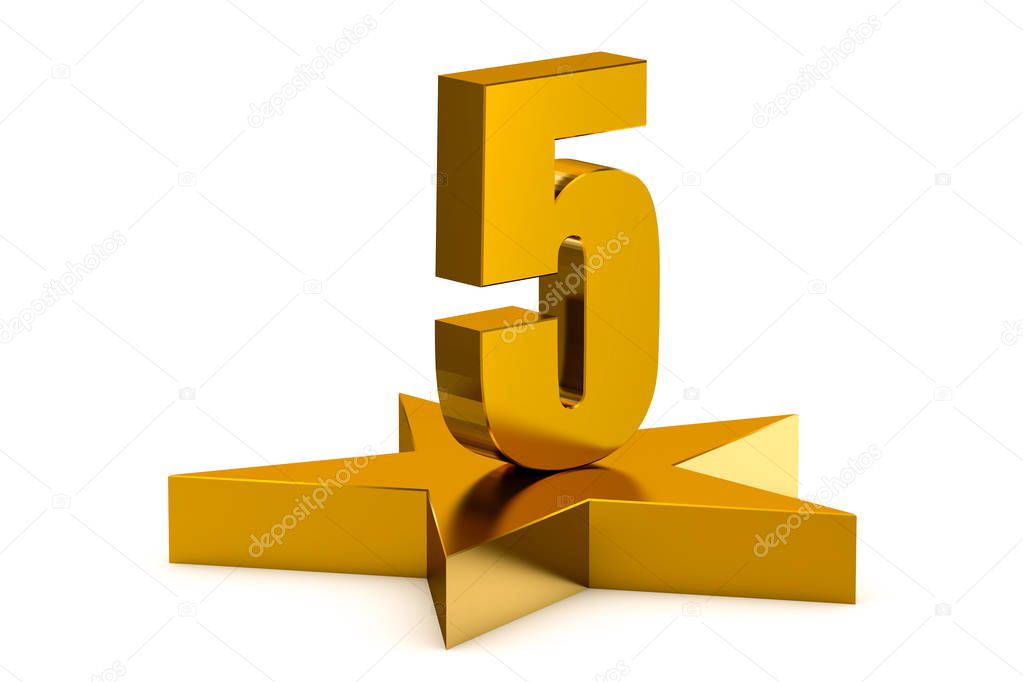 3D golden number 5 on star podium, 3D rendering isolated on white background